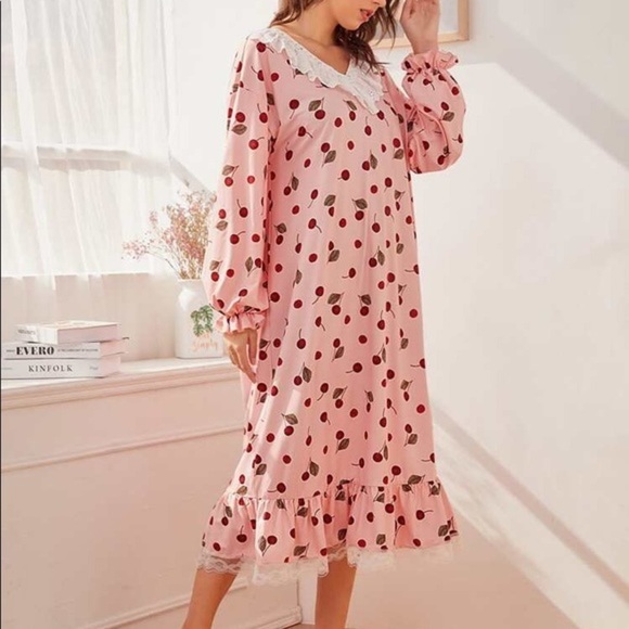 New Pink Cherry Ruffle Long Sleeve Nightgown​ - Picture 3 of 5